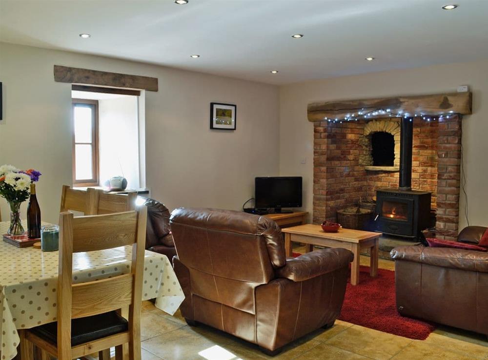 Spacious open plan living/dining room/kitchen with cosy woodburner at Llandremor Fawr Cottage in Swansea, West Glamorgan