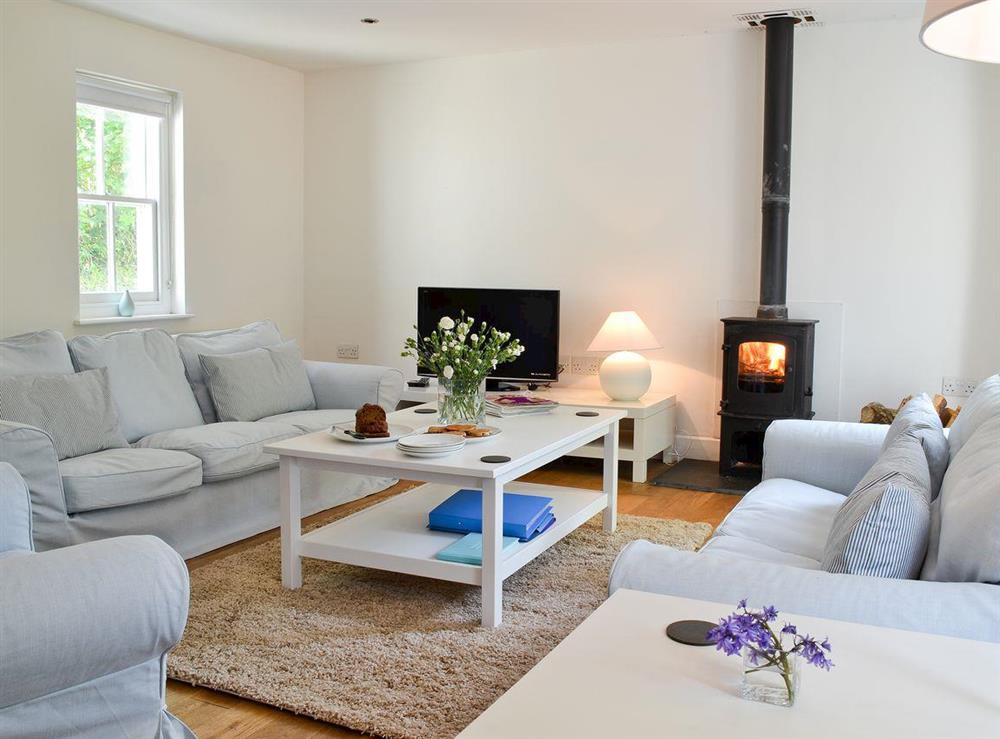 Light & airy living room with wood burner at Llangrannog in Nanternis near New Quay, Dyfed