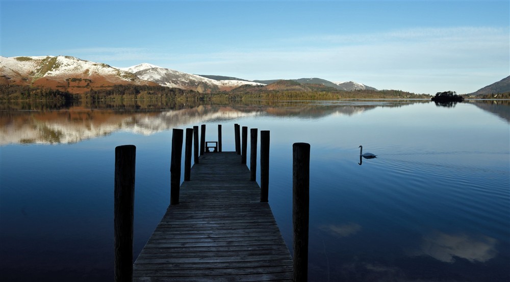 View of a jetty on Derwentwater, the Lake District at Llyndy Bothy in Beddgelert, Gwynedd