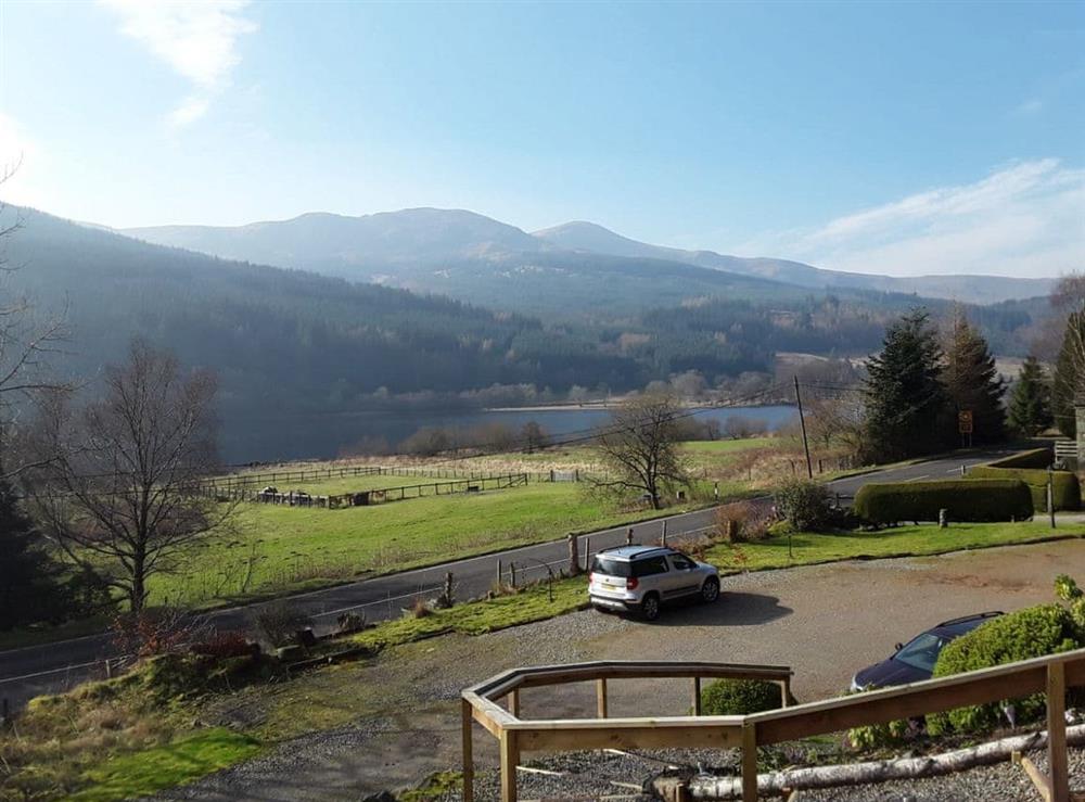 Lovely view over the parking area and beyond at Loch View Cottage in Strathyre, near Callander, Perthshire