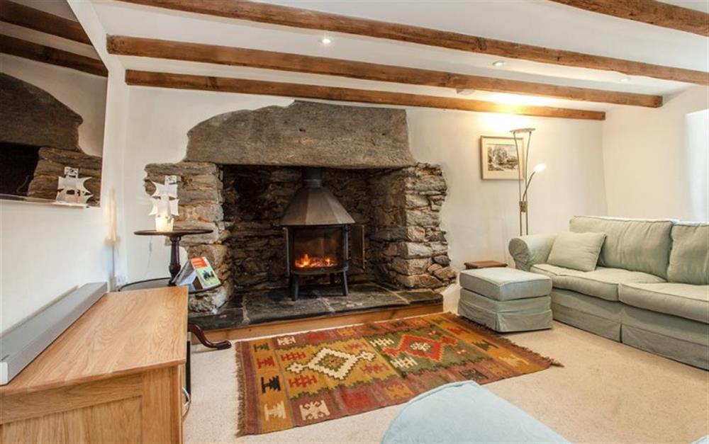 Large lounging area with log burner and 4K UHD TV. at Locks Farm in East Prawle
