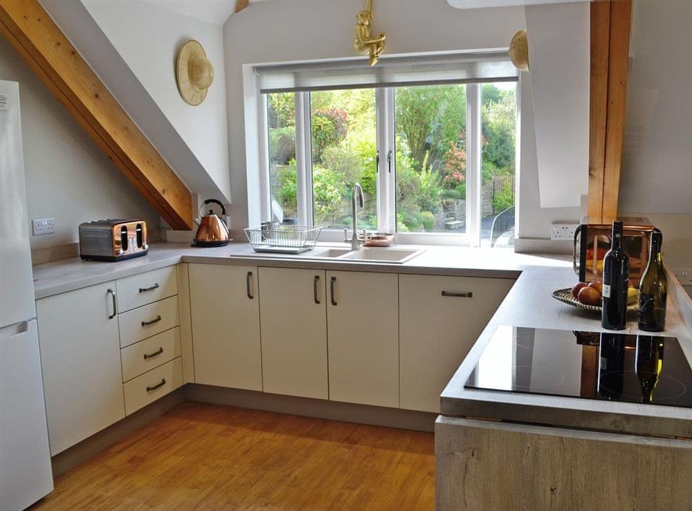 Contemporary kitchen area at Loft by the Pond in Uploders, near Bridport, Dorset