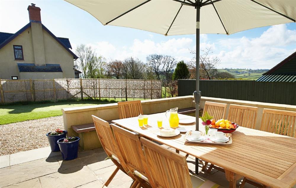 South facing terrace with garden furniture at Long Meadow Barn, Down St Mary