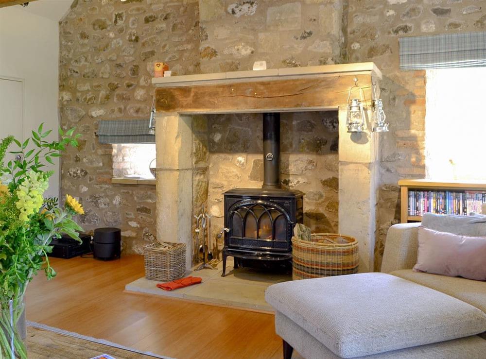 Comfy living area with wood burner at Longknowe Barn in Mindrum, near Wooler, Northumberland