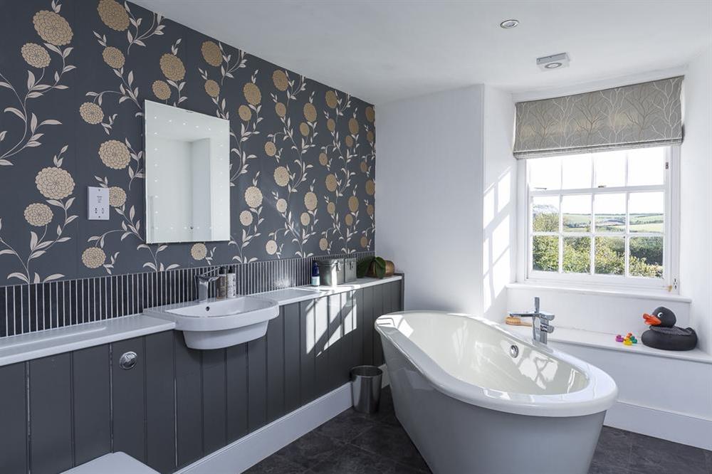 Family bathroom with freestanding bath at Lower Easton Farmhouse in , Nr Salcombe