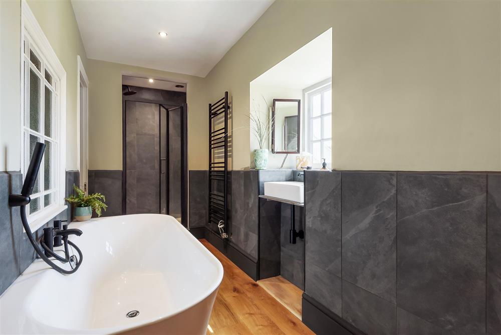 Lower Farm, Dorset: The family bathroom with walk-in shower  at Lower Farm, Sherborne