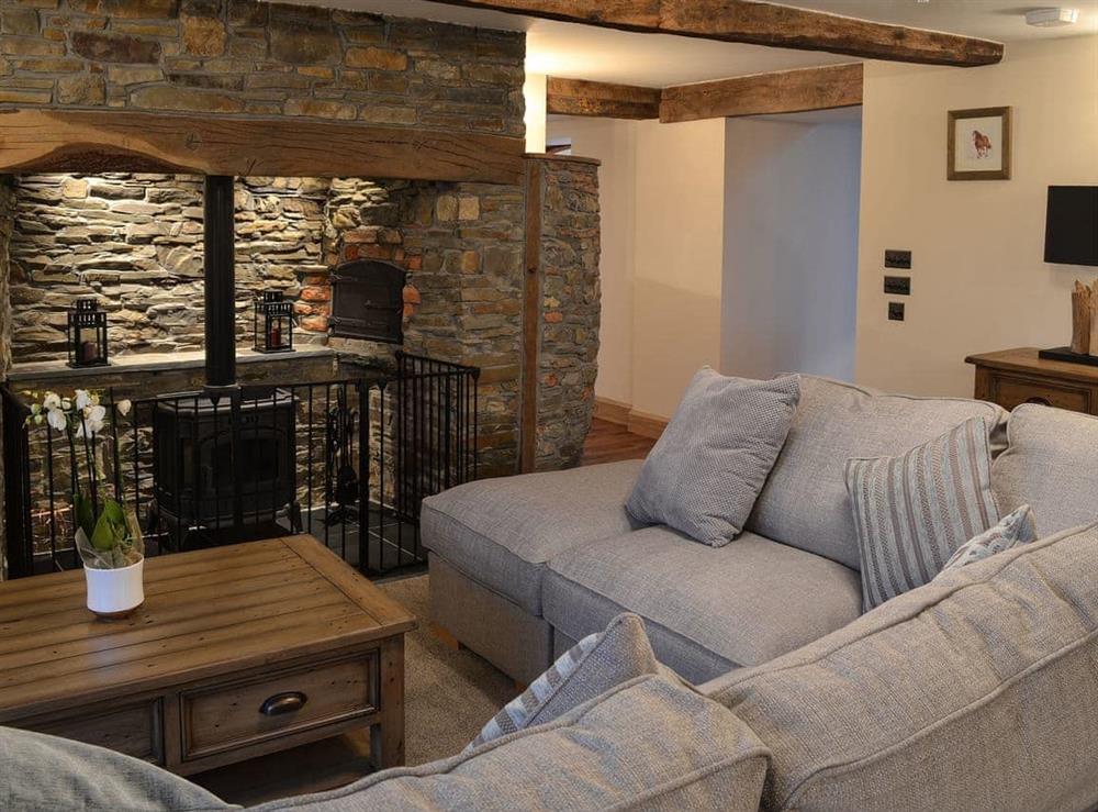 Cosy living area with gas wood burner at Lower Larkworthy in Ashwater, near Holsworthy, Devon