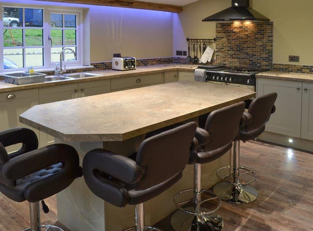 Lovely modern kitchen with breakfast bar at Lower Larkworthy in Ashwater, near Holsworthy, Devon