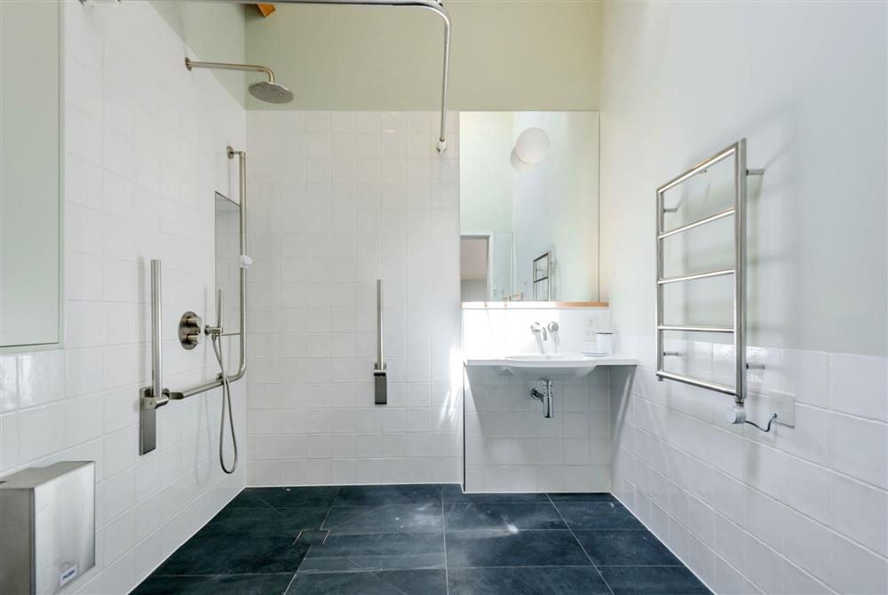 En-suite accessible wet room to bedroom two with accessible shower at Lynchets, Dorchester