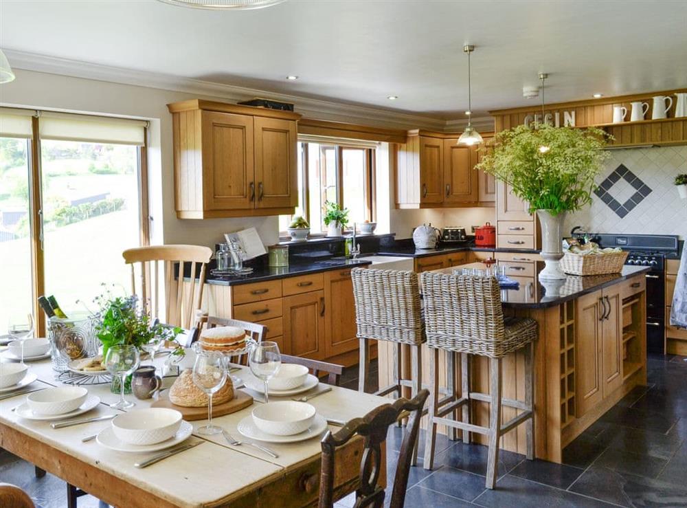 Fully appointed kitchen with dining area at Maes Y Bryn Farmhouse in Llansadwrn, near Llandeilo, Dyfed
