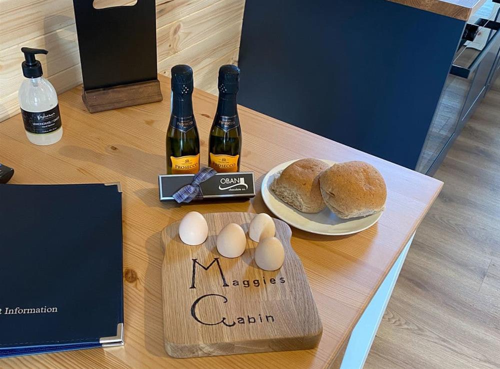 Locally Hand Made Chocolates from Oban Chocolate Co, 2 small bottles of Proseco, Mackies of Scotland Crisps, fresh free range eggs from our own Silkie Hens