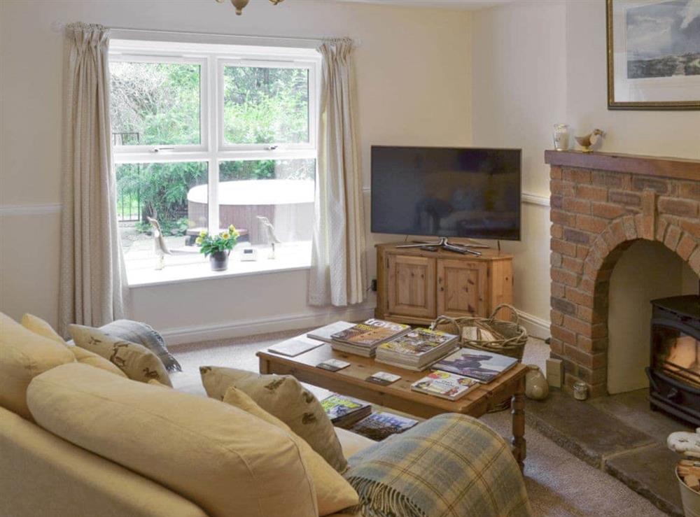 Cosy living room with wood burner at Mallard Cottage in Holmfirth, West Yorkshire