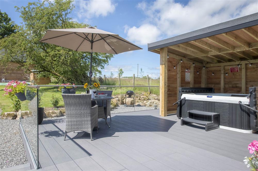Outside decking with hot tub, barbecue and garden furniture at Mallard House Lodge, Nr. Penrith