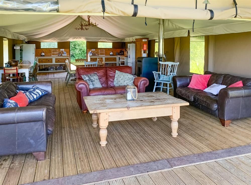 Open plan living space at Mallard Shepherds Hut in Shropham, Norfolk
