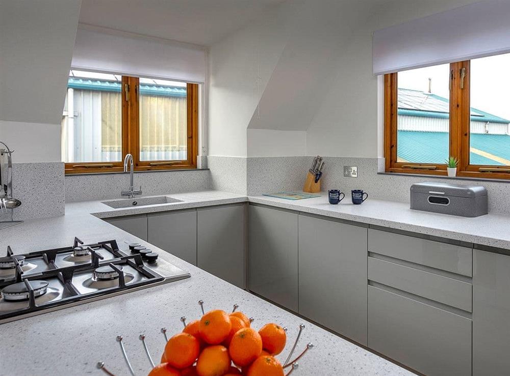 Contemporary fitted kitchen at Mallard in Wroxham, Norfolk., Great Britain