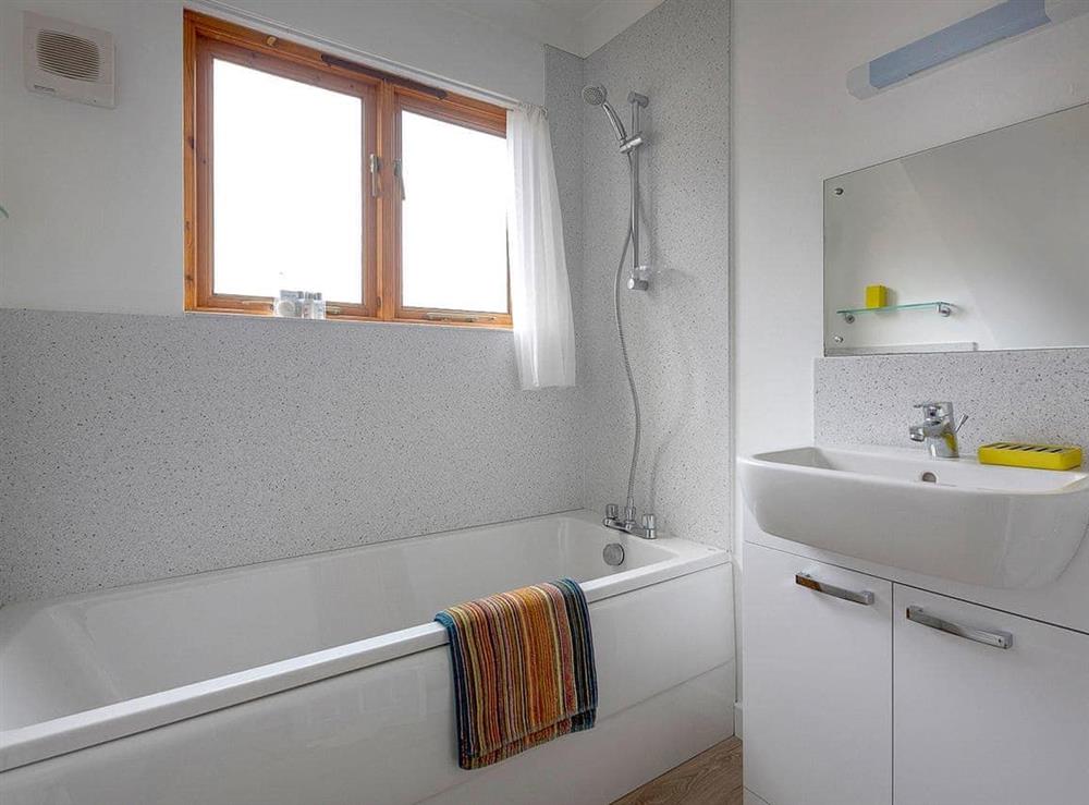 Family bathroom with shower over bath at Mallard in Wroxham, Norfolk., Great Britain