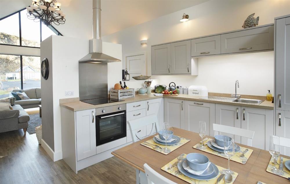 The large and open-plan living space extends to the modern kitchen (photo 2) at Mallow Lodge, Bamburgh
