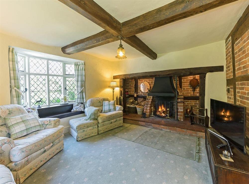 Welcoming living room with open fire at Manor Cottage in Eckington, near Pershore, Worcestershire