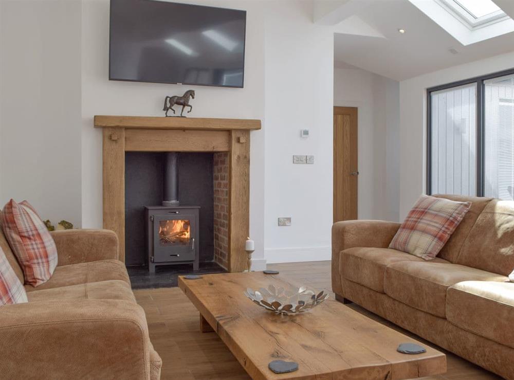 Welcoming living area with wood burner at Manor Lodge Stables in Wiston, near Haverfordwest, Dyfed
