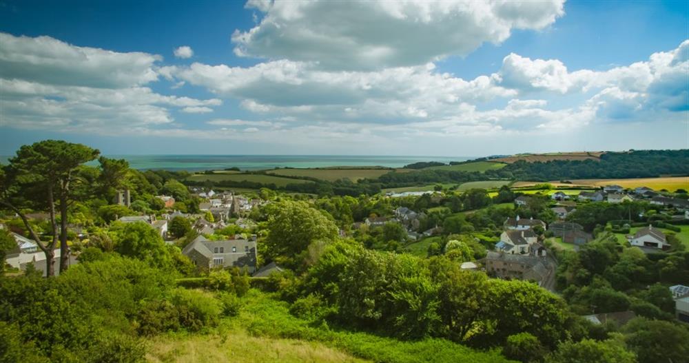 Sweeping views over Slapton village and out to sea from the Millenium field at Maple Cottage in Slapton