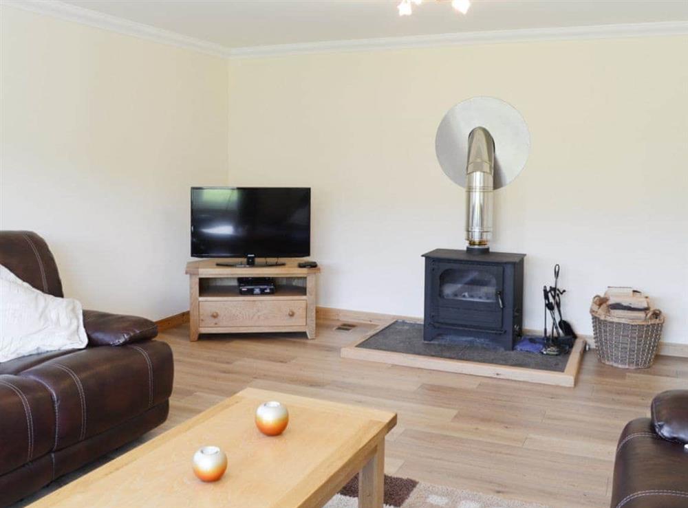 The spacious living room boasts a wood-burning stove at March Cottage in Glen Cassley, near Lairg, Sutherland
