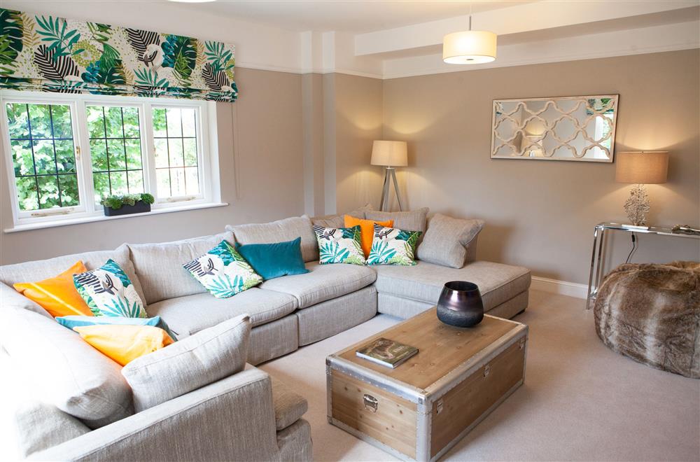 Bright television room with modular sofa and 70 inch Smart television at Marrington Hall, Montgomery