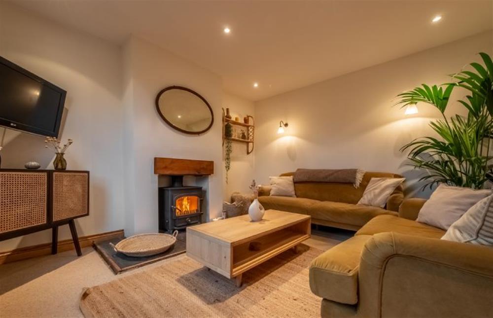 A cosy sitting room with wood burning stove at Maurice Cottage, Docking near Kings Lynn