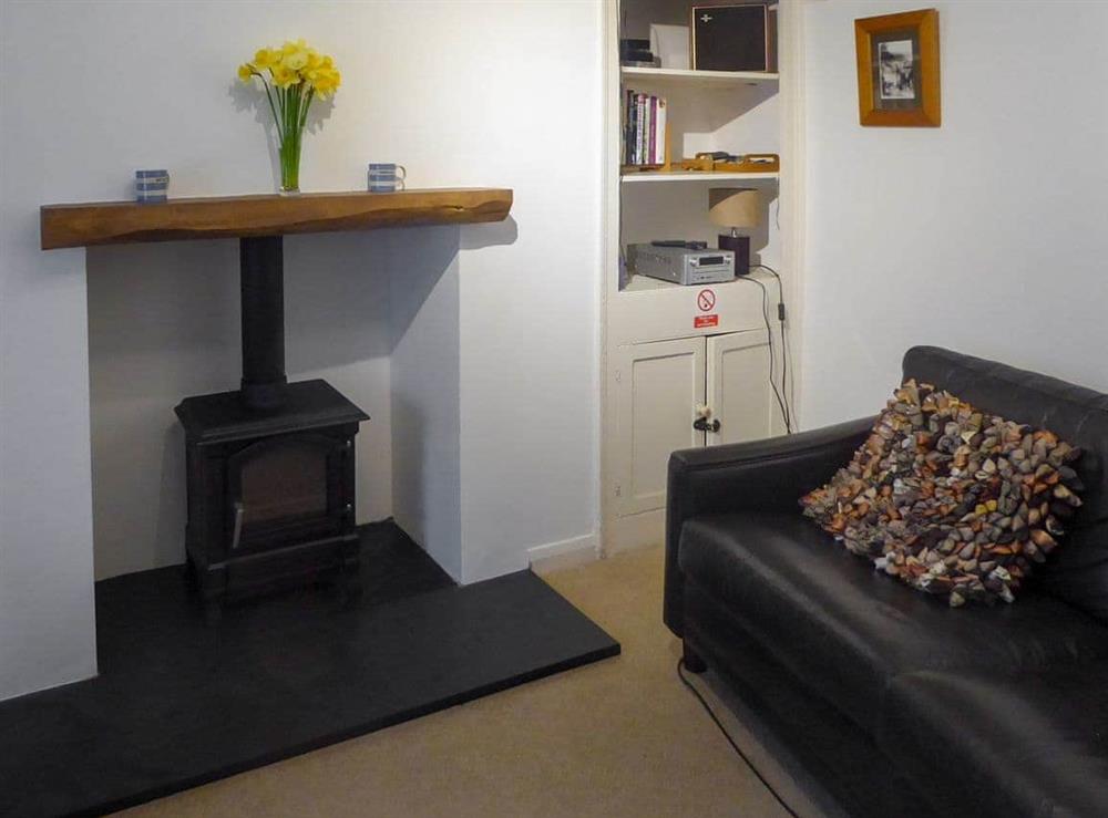 Cosy living room with wood burner at May Cottage in Tywardreath, near Fowey, Cornwall