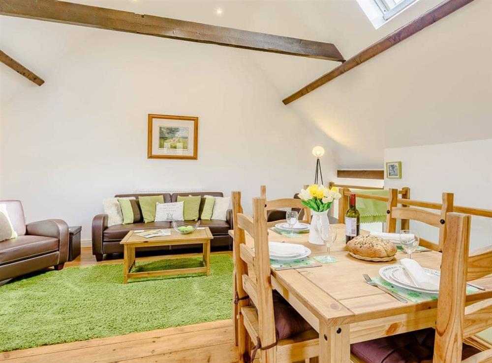 Large open plan living space with high vaulted ceiling at The Hayloft, 