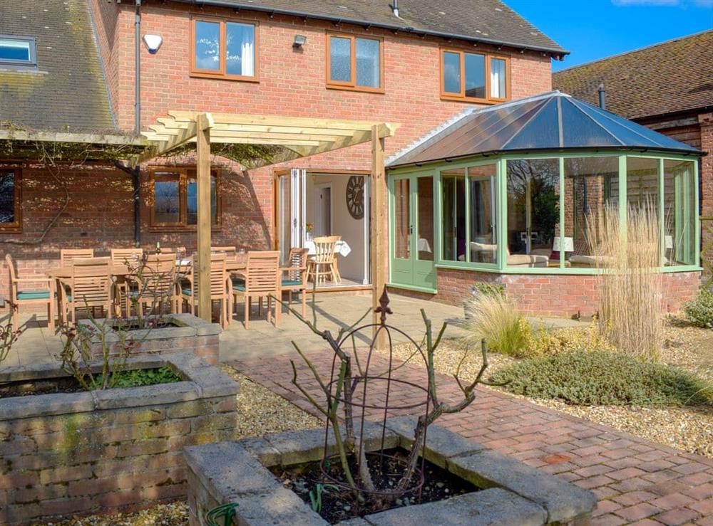 Large patio area at Meadow View in Harley, near Shrewsbury, Shropshire