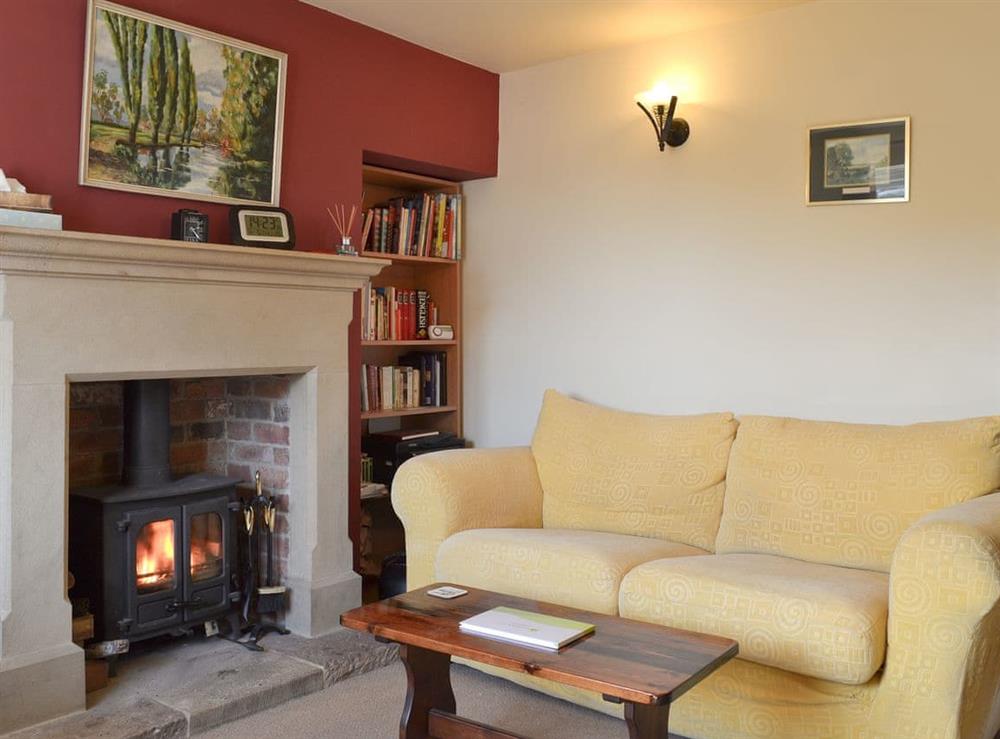 Living room with wood burner at Meadow View in Peak Dale, near Buxton, Derbyshire