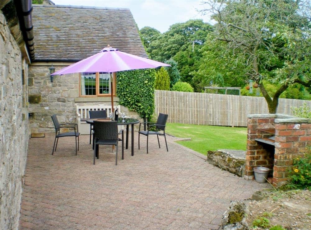 Sitting-out-area at Meadowside Cottage in Calton Moor, Nr Ashbourne, Derbyshire., Great Britain