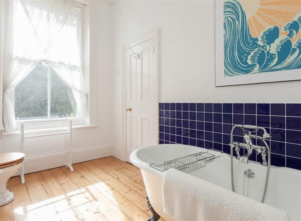 En-suite bathroom with shower over bath at Melville Lodge in Ventnor, Isle of Wight