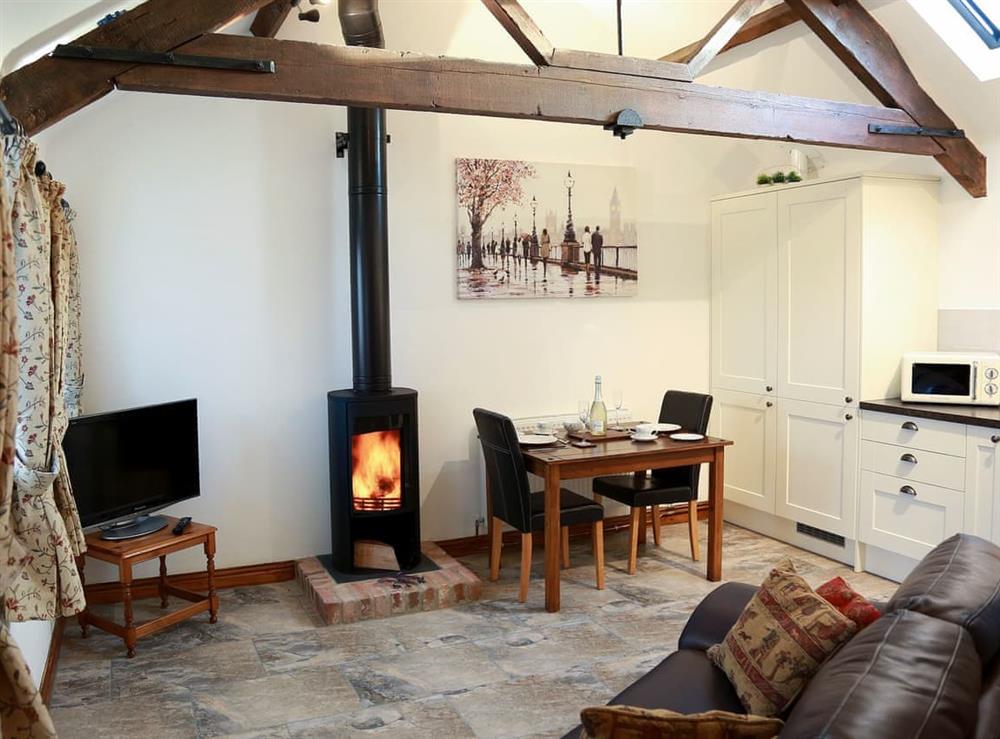 Cosy open plan living space with beams and log stove at The Snug, 