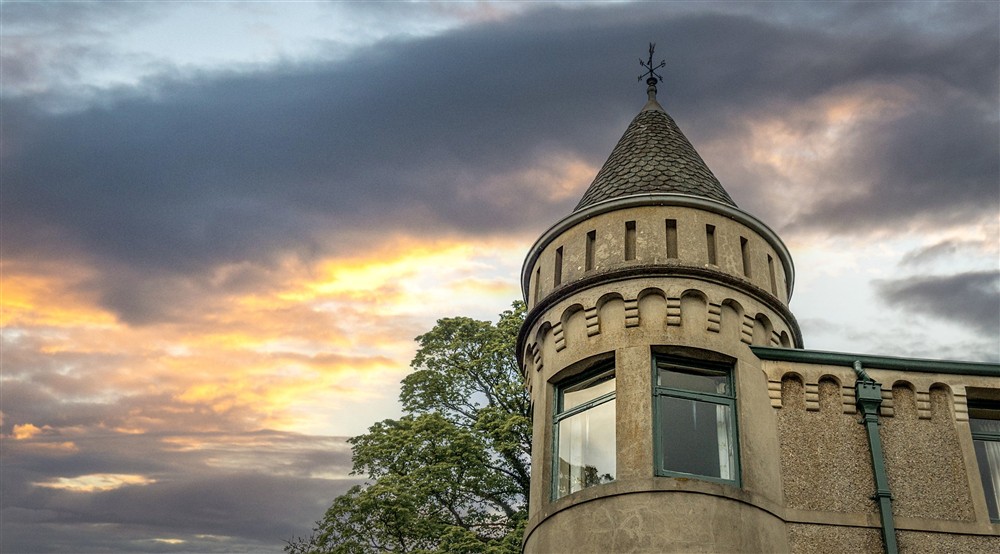 The top of the left turret at Millbeck Towers in Keswick, Cumbria