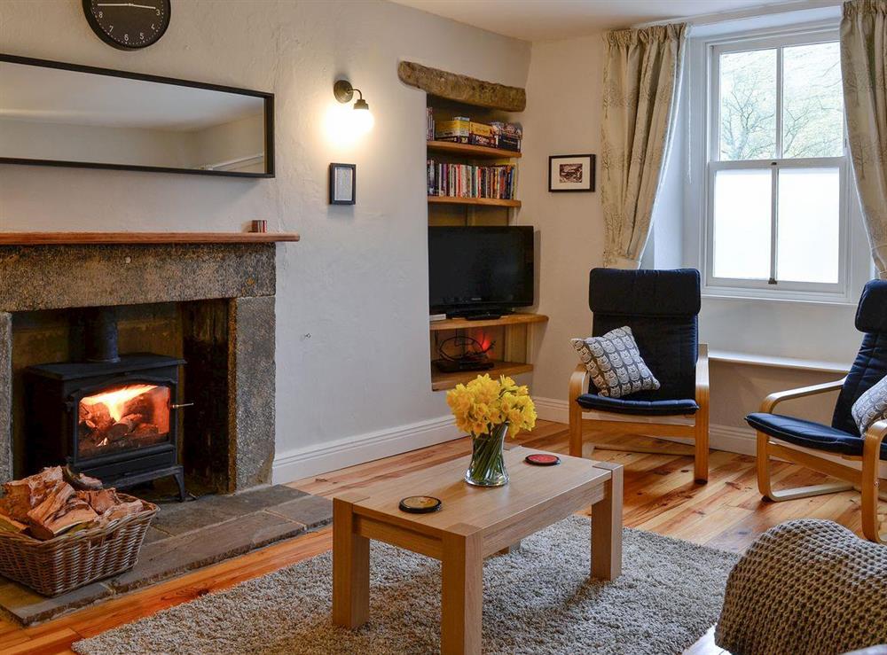 Living room with wood burning stove at Miller Cottage in Scalegill, near Kirkby Malham, North Yorkshire