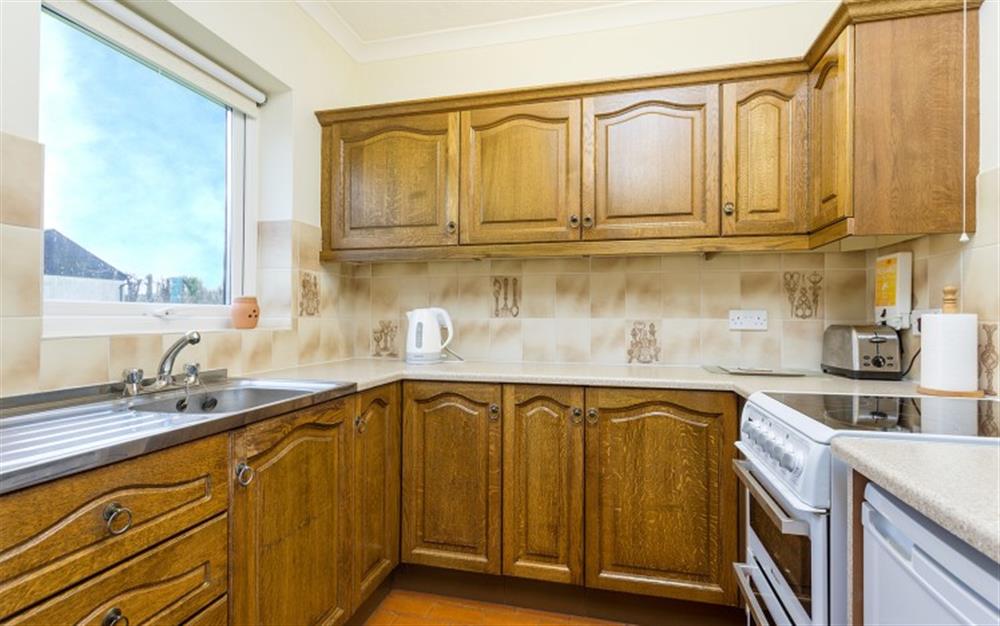 Kitchen with electric cooker, microwave and Fridge with icebox at Millstream in Colyton