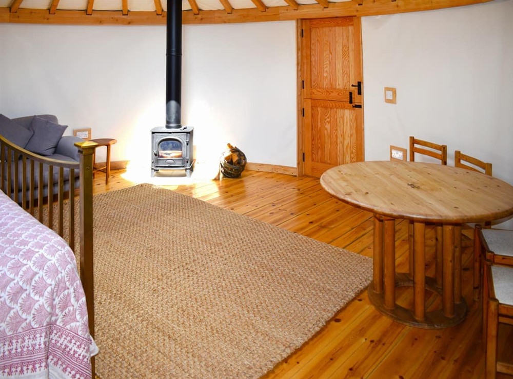 Open plan living space at Mistle Roundhouse in Beaminster, Dorset