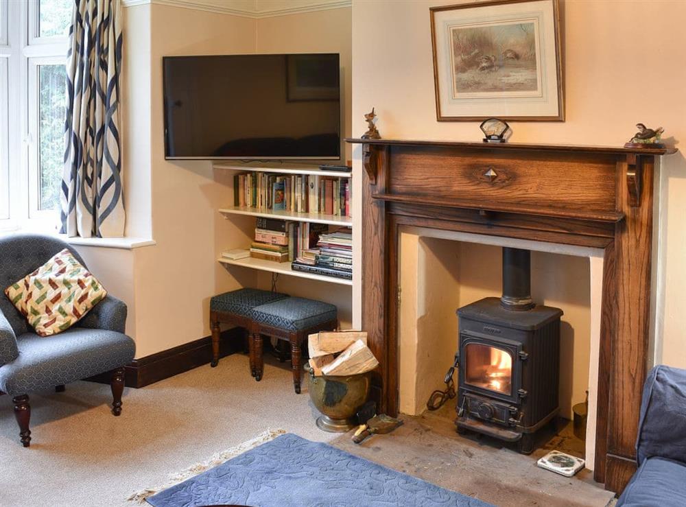 Living room with wood burner at Moor House in Yanwath, near Penrith, Cumbria