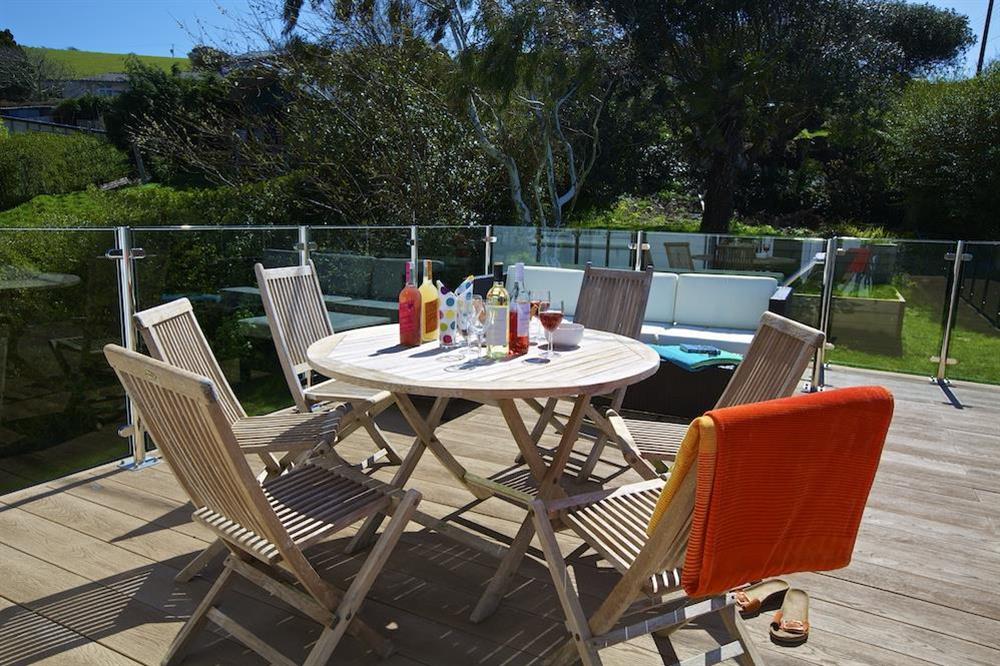 Spacious roof terrace with steps down to the garden at Moorings in East Portlem'th, Salcombe