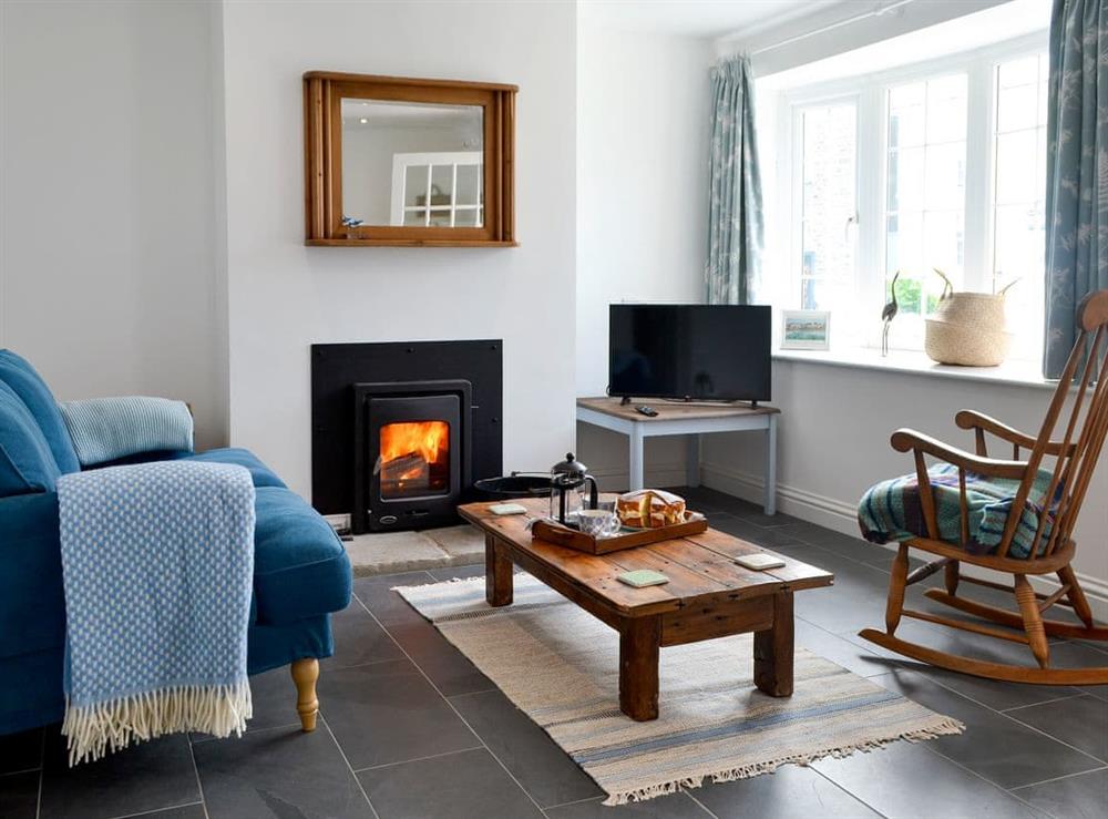 Cosy living room with wood burner at Morolwg in Borth, near Aberystwyth, Cardigan, Dyfed