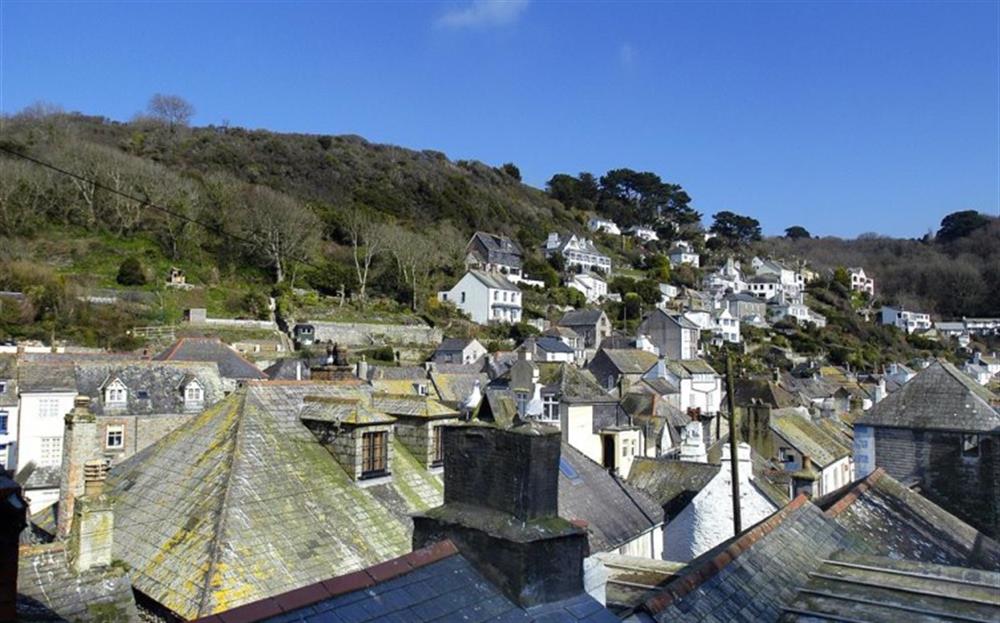 The view over the rooftops from the great decked rooftop terrace at Morvena in Polperro