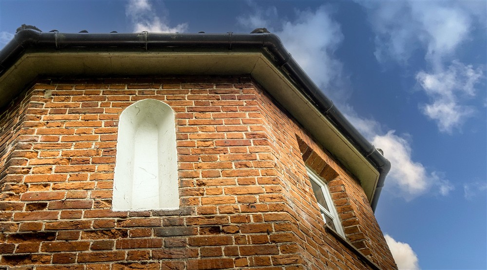 Looking up at Mustard Pot Cottage in Norwich, Norfolk