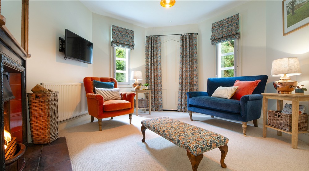 The sitting room with sofa, armchair, television and open fire at Mustard Pot Cottage in Norwich, Norfolk
