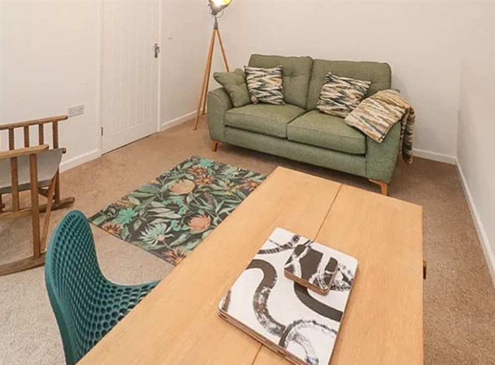 Open plan living space at Mys Hedra Hideaway in St Buryan, Cornwall