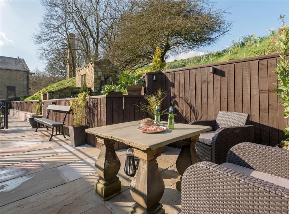 Expansive terraced patio at Narrowgates Cottage in Barley, near Barrowford, Lancashire, England