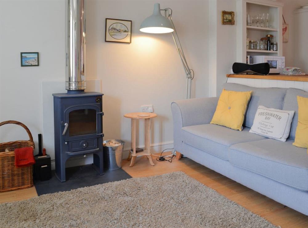 Warm and cosy living area with wood burning stove at Bluebell Cottage, 