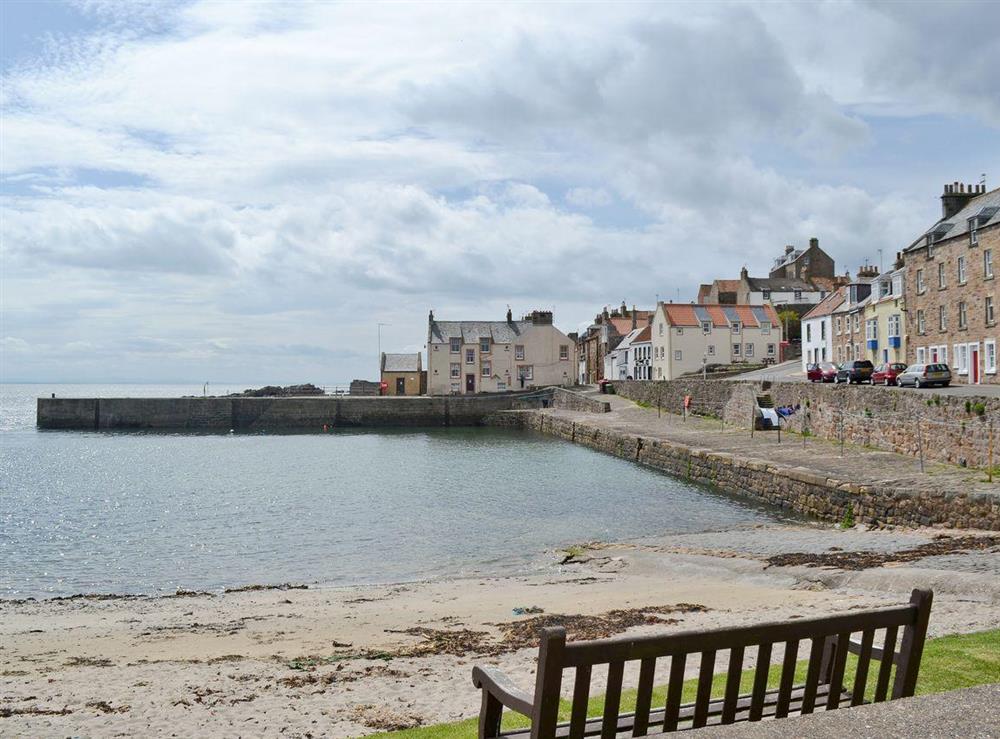 Seating area at ‘beach end’ of harbour at Nautilus Cottage in Cellardyke, near Anstruther, Fife