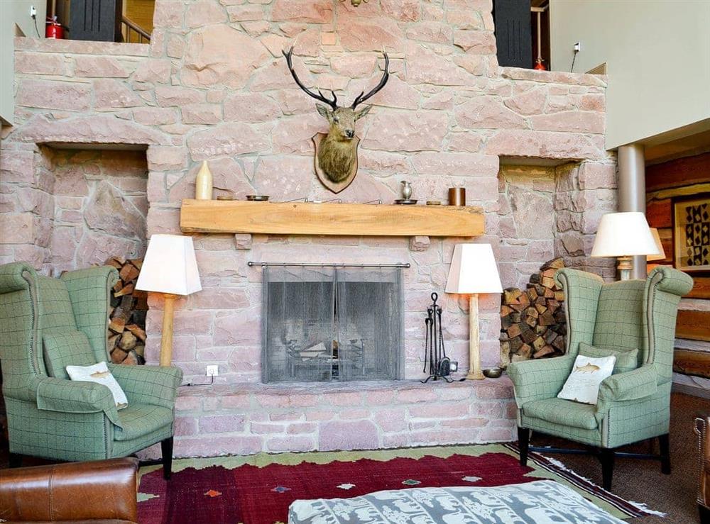 Large living room with vaulted ceiling and open fire at River Lodge, 