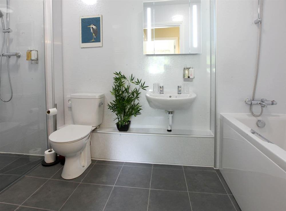 Well presented downstairs bathroom with bath and walk-in shower cubicle at Netherwood in Bakewell, Derbyshire